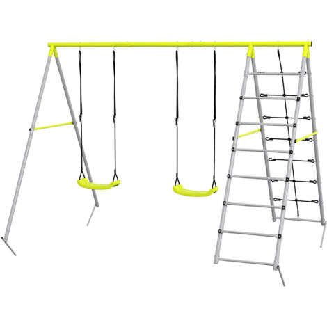 Balançoire portique 4 en 1 enfant, 2 sièges, échelle d'escalade, filet de grimpe, vert