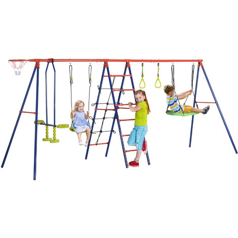 Balançoire portique 5 agrès + panier de basket dim. 4,35L x 1,35l x 1,77H m PE oxford acier époxy bleu rouge - Bleu