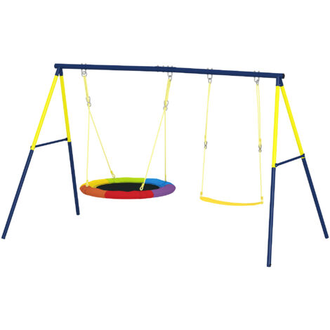 Balançoire portique enfant double siège, cordes ajustables, cadre acier multicolore 3-8 ans