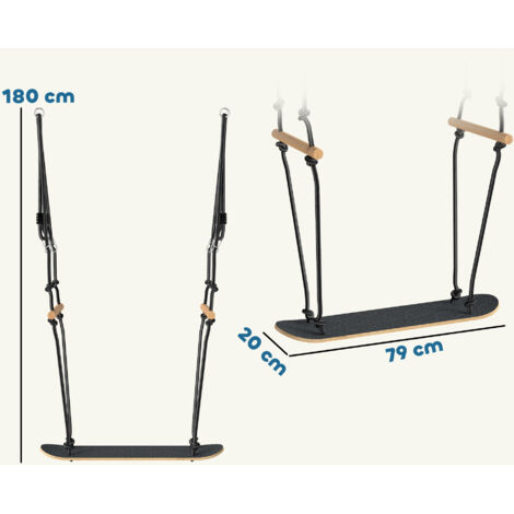 Balançoire skateboard pour enfants, hauteur réglable, planche antidérapante, corde résistante aux intempéries, poignées, noire