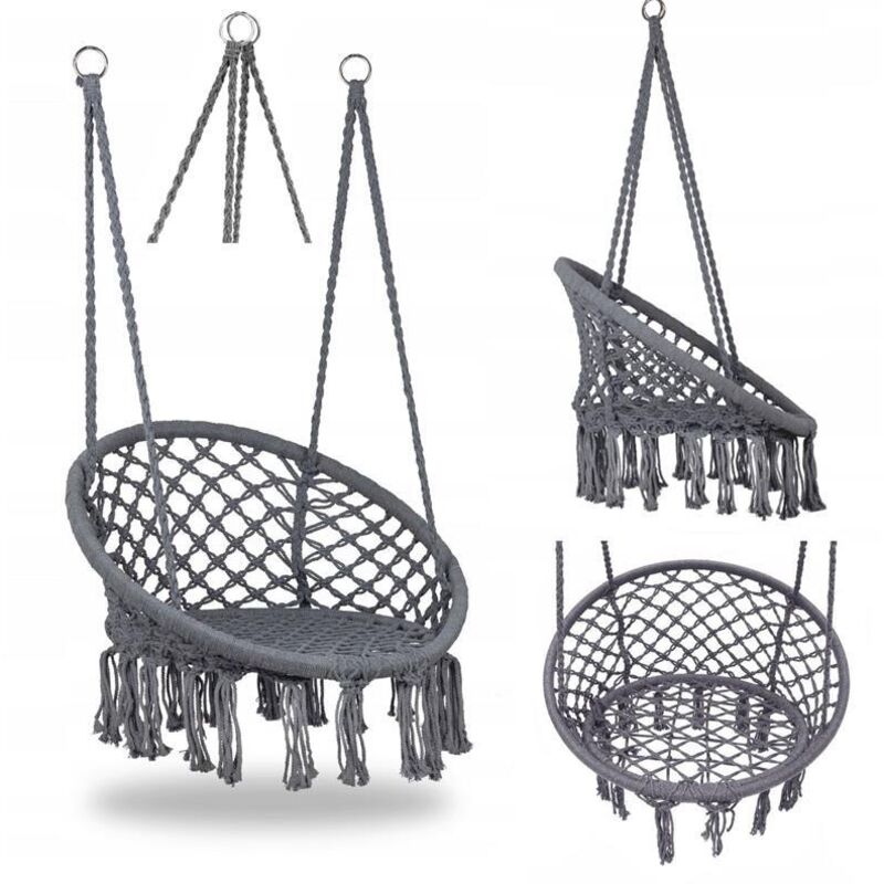 Balançoire suspendue nid de cigogne style bohème pour jardin, 120 cm - gris