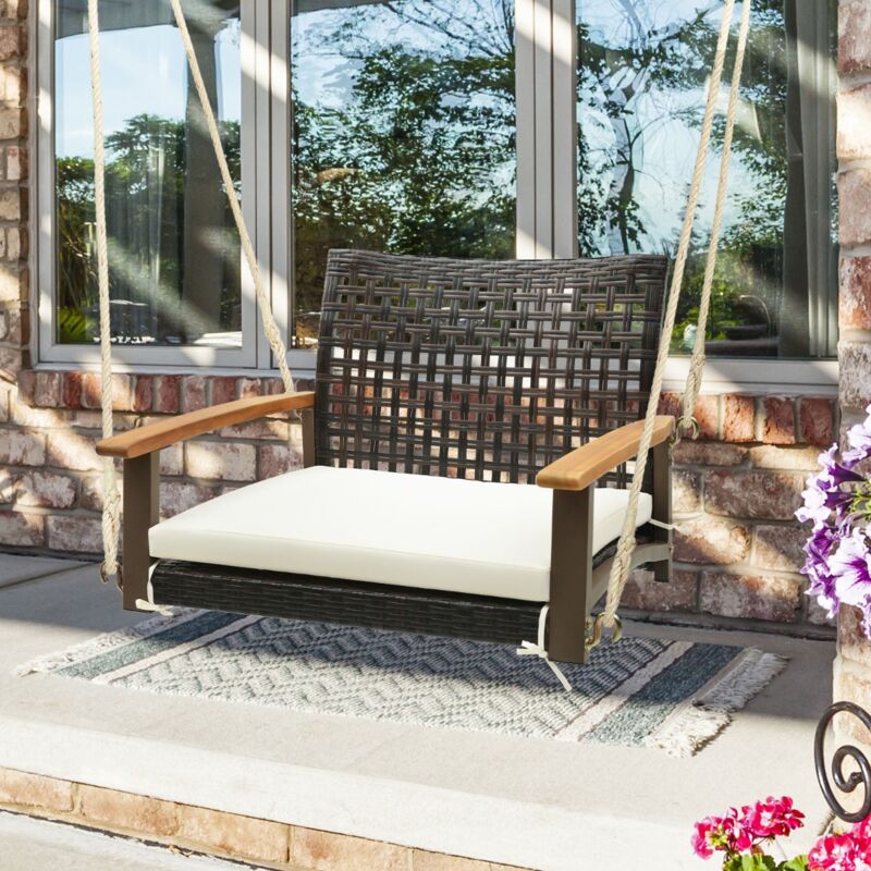 Balançoire Suspendue Porche Rotin Coussin Siège Accoudoirs Bois Acacia Cordes Chanvre Cadre Métal Blanc CW44430