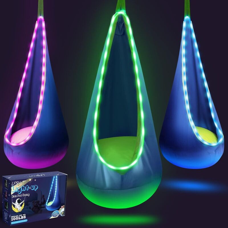 Balançoire suspendue pour enfants, hamac suspendu avec lumières LED, fauteuil suspendu sensoriel avec coussin gonflable et tous les accessoires,