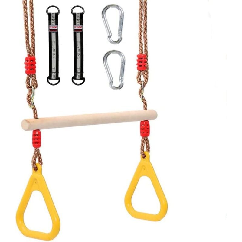 Balançoire trapèze Multifonction en Bois pour Enfants avec Anneaux en Plastique - Charge maximale : 200 kg - pour l'intérieur et l'extér (Jaune)