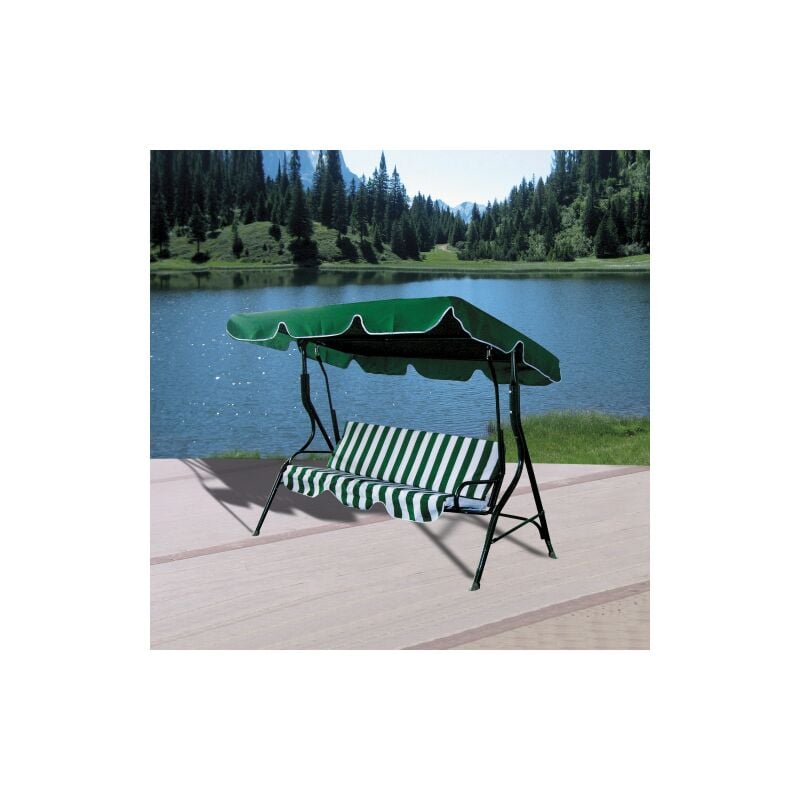 Chaise balancoire Amantea 3 places 170x110x153 cm en acier avec plateau et assise en polyester vert et blanc pour jardin exte'rieur