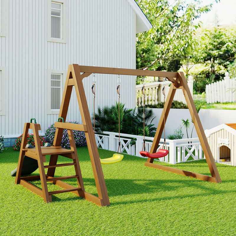 Balançoire double pour enfants avec toboggan et échelle, cadre de balançoire extérieur en bois massif, 238,5x240x168,9cm, couleur bois naturel