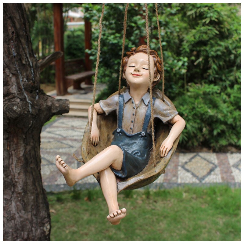 Xinuy - Balançoire Statue Décoration de Jardin Sculpture Catinbow Garçon sur Ornement de Cour, Ornement de Pendentif d'arbre extérieur créatif