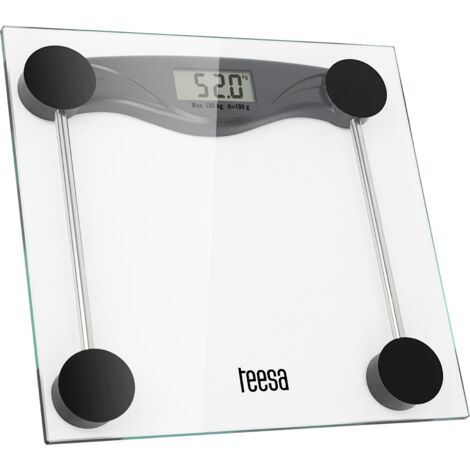 Balanza de baño de cristal LCD Teesa, precisión de hasta 0,1 kg, peso máximo 180 kg.