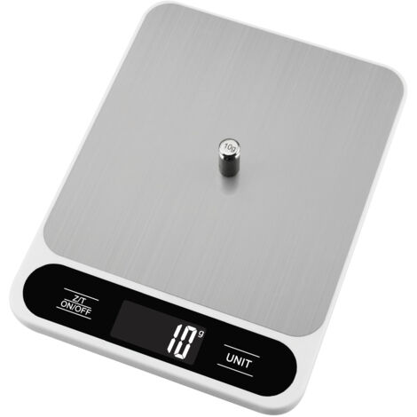 Balanza de cocina blanca, 10 kg (22 lbs), balanza digital en gramos y onzas para hornear, cocinar y perder peso, con graduaciones precisas de 1 gramo/0,04 onzas, acero inoxidable fácil de limpiar (con