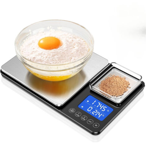 Balanza de cocina de doble plataforma de 0,0 oz/33 lb con pantalla digital que muestra el peso en gramos y onzas.