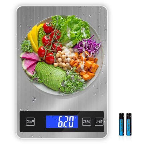 Balanza de cocina digital, 10 kg, 5 unidades, balanza para alimentos, peso (gramos y onzas), gran pantalla digital con función de tara y pantalla LCD, 1 unidad (10 kg / 1 g para batería, en inglés)