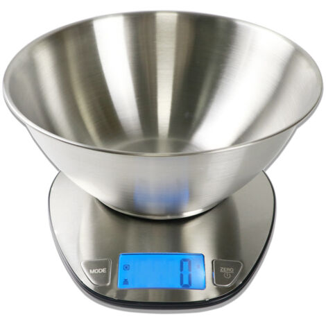Balanza de cocina digital, capacidad para pesar alimentos: 5 kg, acero inoxidable con recipiente.