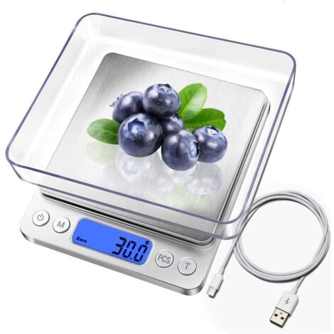 Balanza de cocina digital, recargable por USB, minibalanza para alimentos de 3 kg/0,1 g, balanza eléctrica para cocinar, balanza digital impermeable con batería recargable por USB, pantalla LCD, acero