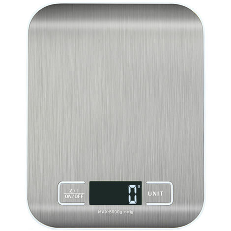 Balanza de cocina electrónica de alta precisión de 5000 g/1 g con pantalla LCD retroiluminada, 5 unidades de tara, acero inoxidable, digital inteligente.
