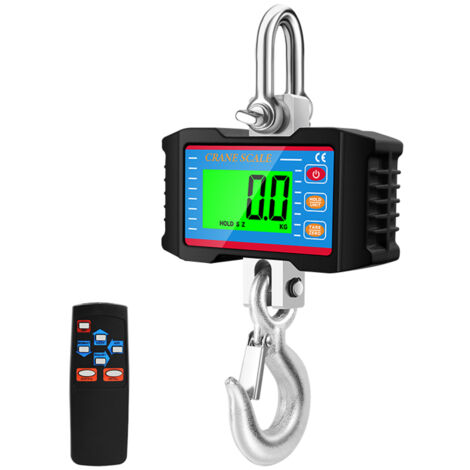 Balanza digital de 1000 kg con pantalla LCD retroiluminada, función de tara, retención de datos y cambio de unidades. Ideal para obras de construcción, mercados y pesca.