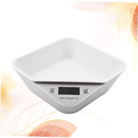 Balanza digital de cocina de 5000 g con recipiente: balanza electrónica de precisión para cocinar, medir alimentos y preparar comidas. Color blanco, fácil de limpiar y usar.