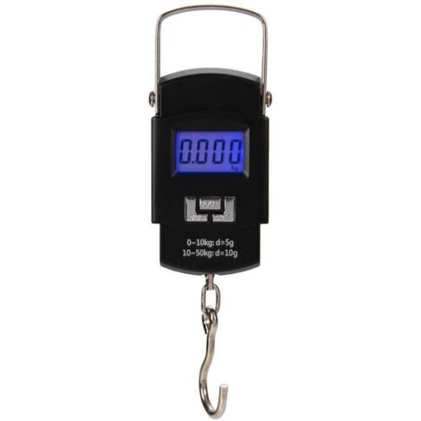Balanza digital portátil para pesca y equipaje – 50 kg, pantalla LCD, precisión de ±0,1 kg, funciona con pilas, compacta y robusta.