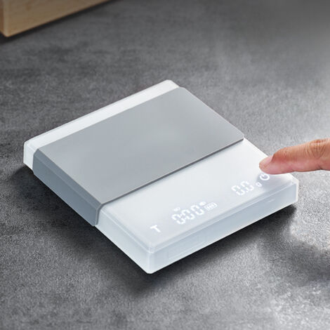Balanza para café con temporizador automático, balanza recargable para baristas, balanza digital de alta precisión para granos de café (0,1 g), capacidad de 0,3 a 2 kg, detección de sólidos y líquidos