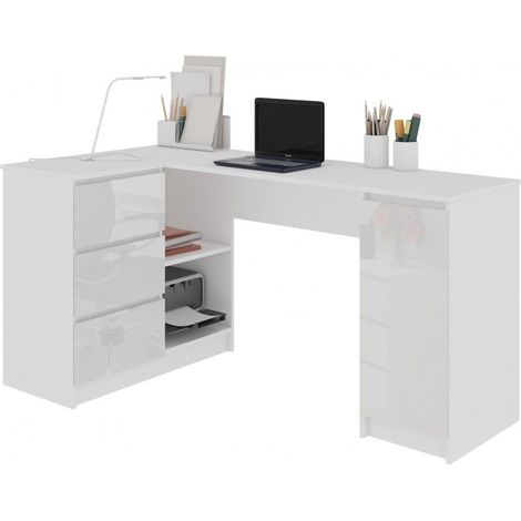 Balaur Bureau Informatique D Angle Moderne 155x85x77 Cm 3 Tiroirs Gloss Grandes Niches Table Ordinateur Multi Rangements Blanc Blanc Laque Blanc Blanc Laque Ako B 20 Narozne Clp Bialy Bialy Polysk Lewe