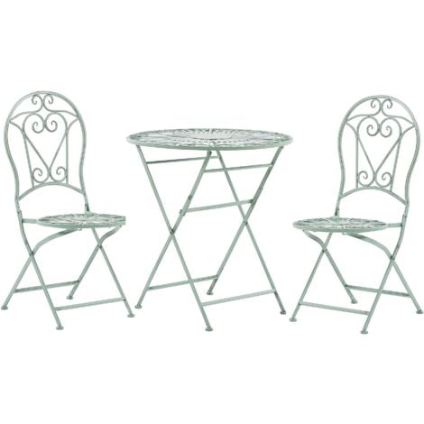 Balcony Garden Set Round Table 2 Folding Chairs Decorative Metal Green Trento