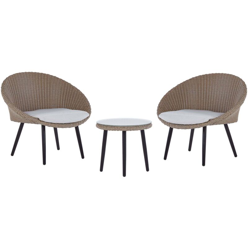 Beliani Bistro Set With Cushions Ortigia Pe Rattan Light Beige