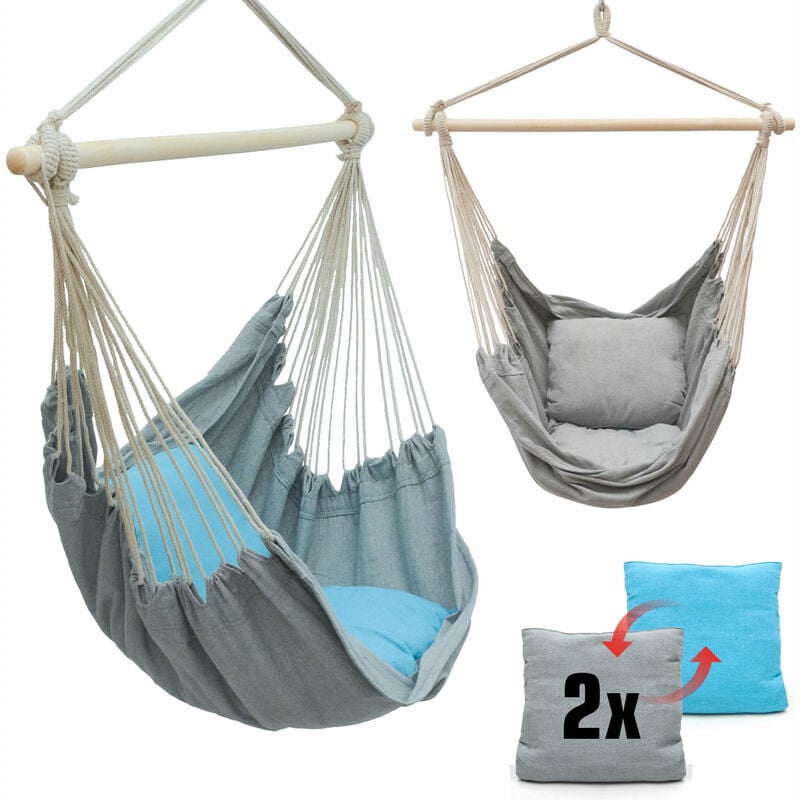 Balcony Hanging Chair with 2 Reversible Cushions - Grey Blue - Garden Hammock