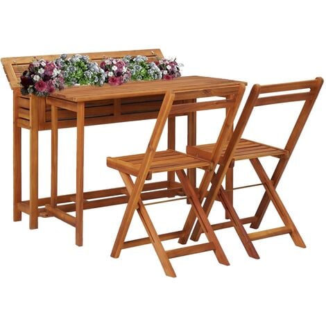 Balcony Planter Table with 2 Bistro Chairs Solid Acacia Wood