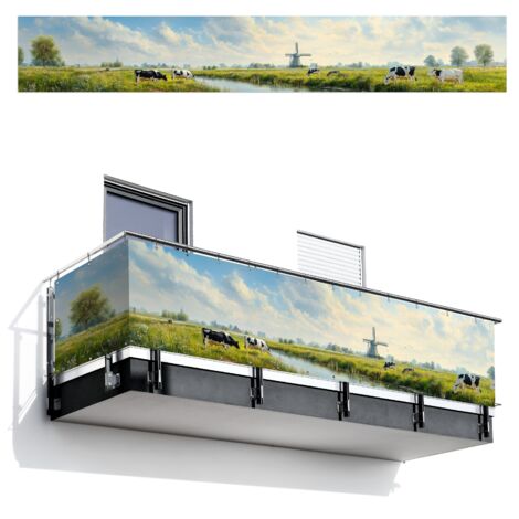 Balcony Privacy Banner Cows - Windmill - Meadow - Blue 500x75 cm