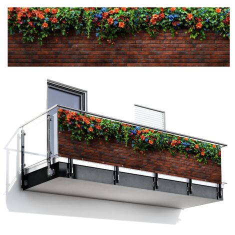 Balcony Privacy Banner Flowers - Wall - Green - Orange 300x85 cm