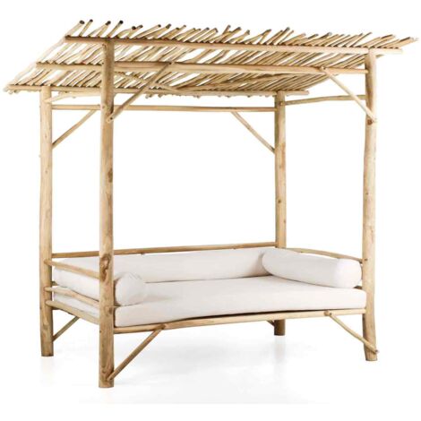 Baldacchino daybed in legno di teak riciclato 200x200cm con cuscini ecù - Okku