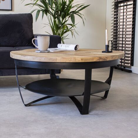 Baldo Table Basse Industrielle Ronde Ø90 cm - Bois Massif - Brun