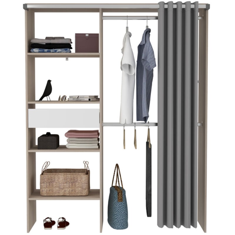 Bali - Dressing avec rideau, 4 étagères, 2 penderies et un tiroir bois et blanc