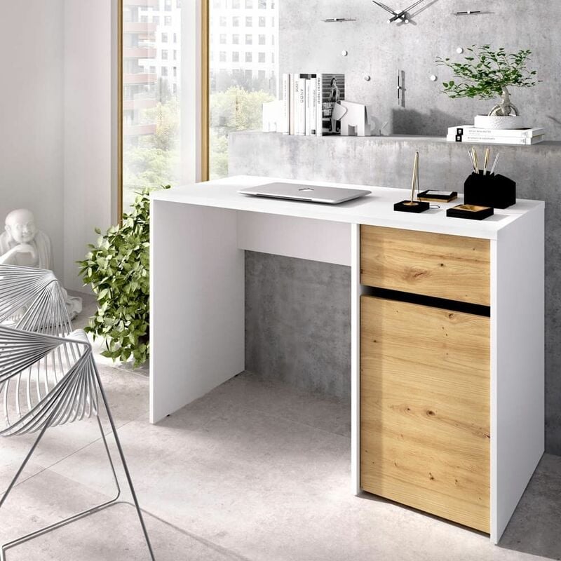 Dekit - Bureau Bali blanc avec 1 tiroir et 1 porte Blanc - Nordique 110,3 x 74,2 x 50,2 cm - Blanc - Nordique