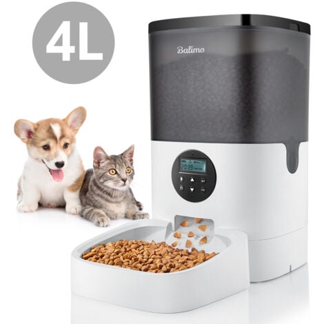 Balimo 4L Distributeur de Croquettes pour Chats et Chiens Distributeur Automatique avec Écran LCD, Enregistrement Vocal 10S et minuterie programmable jusqu'à 4 Repas par Jour, Blanc + Gris foncé