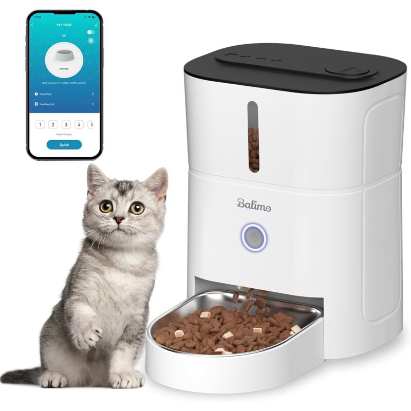 Balimo - Distributeur Croquettes Chat Automatique, 3L Distributeur Croquettes Chat, 2.4G WiFi Distributeur De Croquettes pour Chat, 1-10 Repas par,