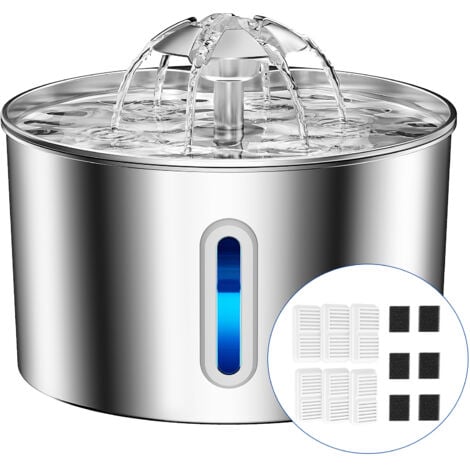 Balimo Fuente para gatos de acero inoxidable de 2,2 L, súper silenciosa, con sistema de filtrado cuádruple y luz LED, con 6 filtros de carbón activado