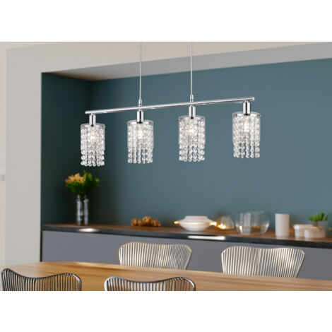 Balken Pendelleuchte POSH 4-flammig mit Acryl Kristall Behang, Breite 80cm