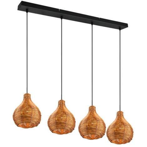 REALITY LEUCHTEN Balken Pendelleuchte SPROUT Rattan Geflecht Natur 4flammig Boho Stil 93cm