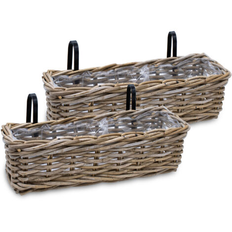 Balkonkasten Rattan natur 44 x 17 cm - 2er Set - Blumen Weidenkorb mit Halterung - Balkon Garten Blumenkasten Pflanztopf Blumenkorb zum Einhängen an Geländer