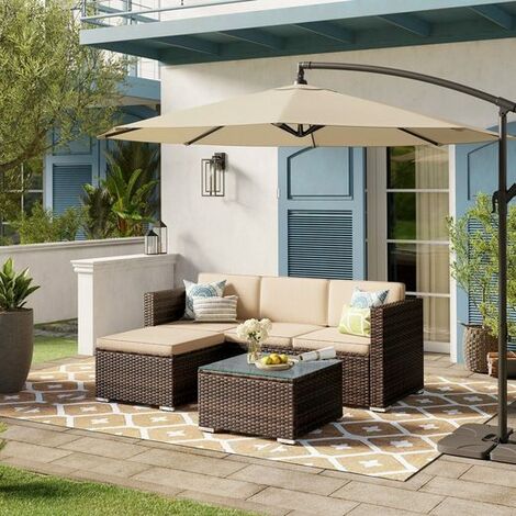Gartenmöbel-Set, 5-teilig, aus Polyrattan, handgeflochten, Gartensofa, Gartentisch mit Glasplatte, mit Kissen, für Outdoor, Garten, schwarz-beige/braun-beige