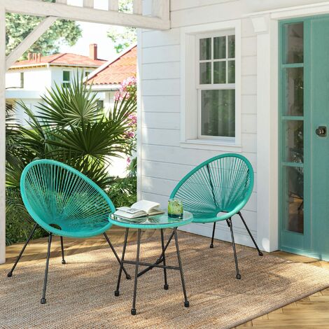 Gartenmöbel-Set, 3er-Set, Garten-Sitzgruppe, Lounge-Set aus Polyrattan, Tisch mit Glasplatte und 2 Stühle, Innen- und Außenbereich, eisblau GGF013C01 - Eisblau