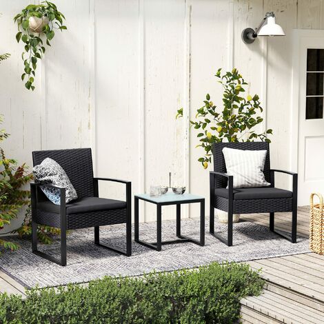 Gartenmöbel-Set, 3er Set, aus Polyrattan, für Outdoor, Terrasse, Balkon, Garten, einfache Montage, Beistelltisch und 2 Stühle, schwarz/schwarz-beige