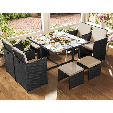 Gartenmöbel aus Polyrattan, 9er Set, Gartentisch mit Hartglasplatte, 4 Stühle und 4 Hocker, mit Kissen, platzsparend, für Outdoor, braun-beige/schwarz-beige
