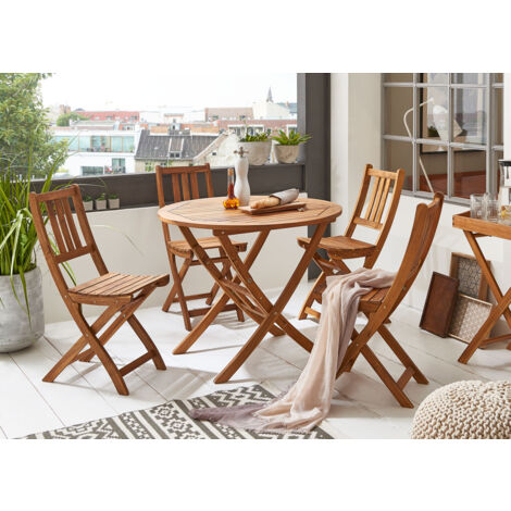 Balkonmöbel Set 5tlg Akazie Klapptisch rund 90 cm JUSTIN/BLOOM