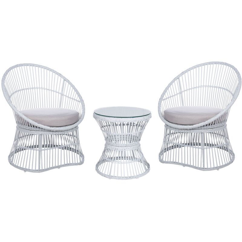 Beliani Balkonset Weiß Rattan 3-teilig 2 Sessel Mit Couchtisch Auflagen Beige Boho Outdoor Indoor Garten Terrasse Balkon Wohnzimmer Schlafzimmer