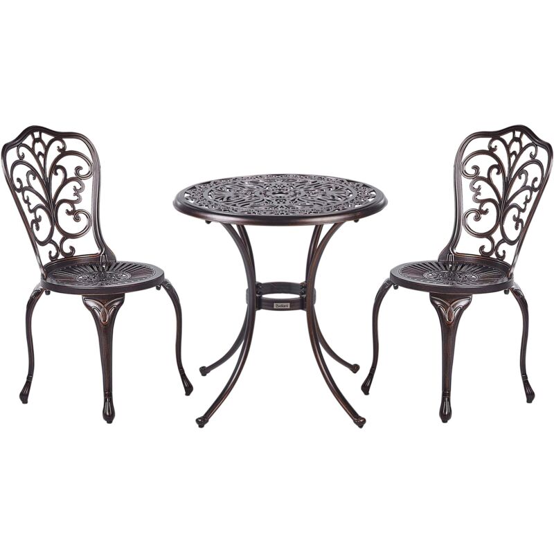 Beliani Balkonset Braun Aluminium 3-teilig Runder Balkontisch Mit 2 Stühlen Französischer Vintage Stil Outdoor Balkon Terrasse Garten Ausstattung