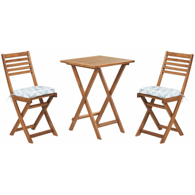 Balkonset Braun Akazienholz 2 Stühle 1 Teetisch 2 Auflagen im geometrischen Muster Gartenmöbelset - Heller Holzfarbton