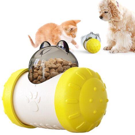 Balle distributrice de nourriture pour chats et chiens - Jouet distributeur de croquettes à alimentation lente pour animaux de petite et moyenne taille, coloris jaune et blanc