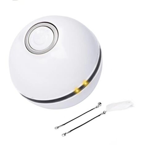 Balle électrique pour chat, en plastique, rechargeable par USB, 6 x 6 cm, adaptée aux chats, avec LED, avec 2 accessoires, cloche et plume, faible bruit, blanche