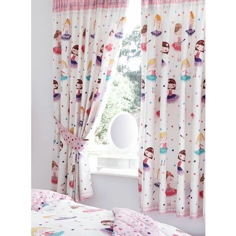 Ballerina Dancer Fully Lined Curtains Pair 66x72" Girls Bedroom Pink